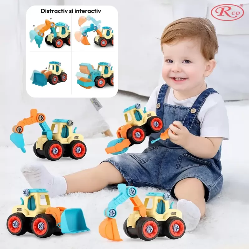 Set 4 utilaje demontabile de constructie + surubelnita, 106 piese, jucarie DIY educationala 