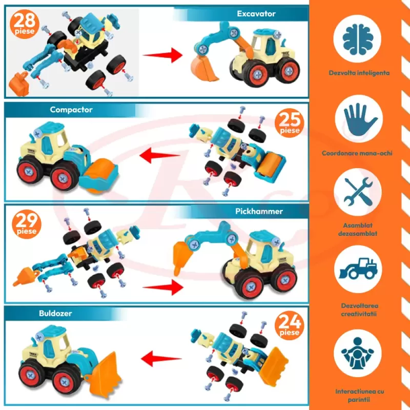 Set 4 utilaje demontabile de constructie + surubelnita, 106 piese, jucarie DIY educationala 