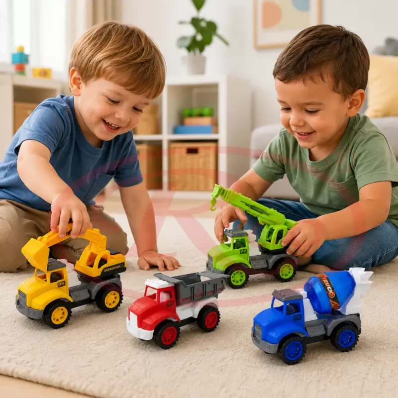 Set 4 Masinute de Constructie RCO pentru Copii, Basculanta, Excavator, Macara si Betoniera, 3+ Ani