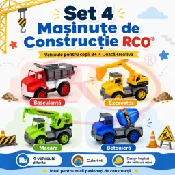 Set 4 Masinute de Constructie RCO pentru Copii, Basculanta, Excavator, Macara si Betoniera, 3+ Ani