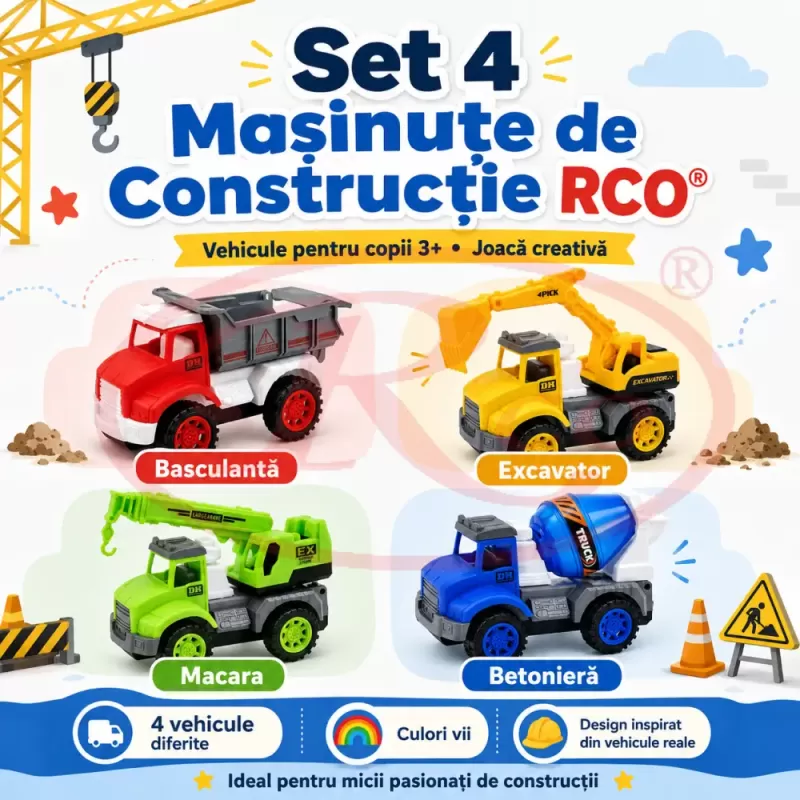 Set 4 Masinute de Constructie RCO pentru Copii, Basculanta, Excavator, Macara si Betoniera, 3+ Ani