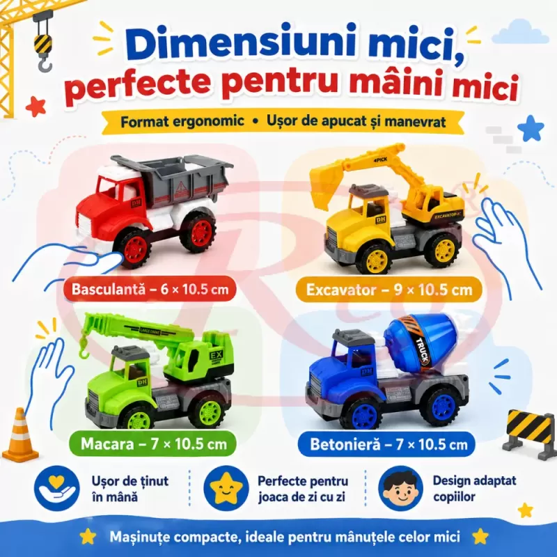 Set 4 Masinute de Constructie RCO pentru Copii, Basculanta, Excavator, Macara si Betoniera, 3+ Ani