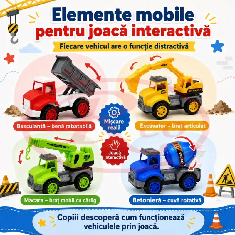 Set 4 Masinute de Constructie RCO pentru Copii, Basculanta, Excavator, Macara si Betoniera, 3+ Ani