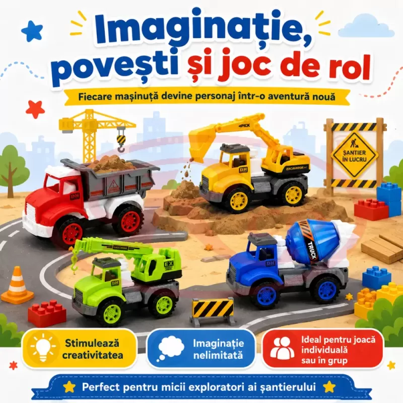 Set 4 Masinute de Constructie RCO pentru Copii, Basculanta, Excavator, Macara si Betoniera, 3+ Ani