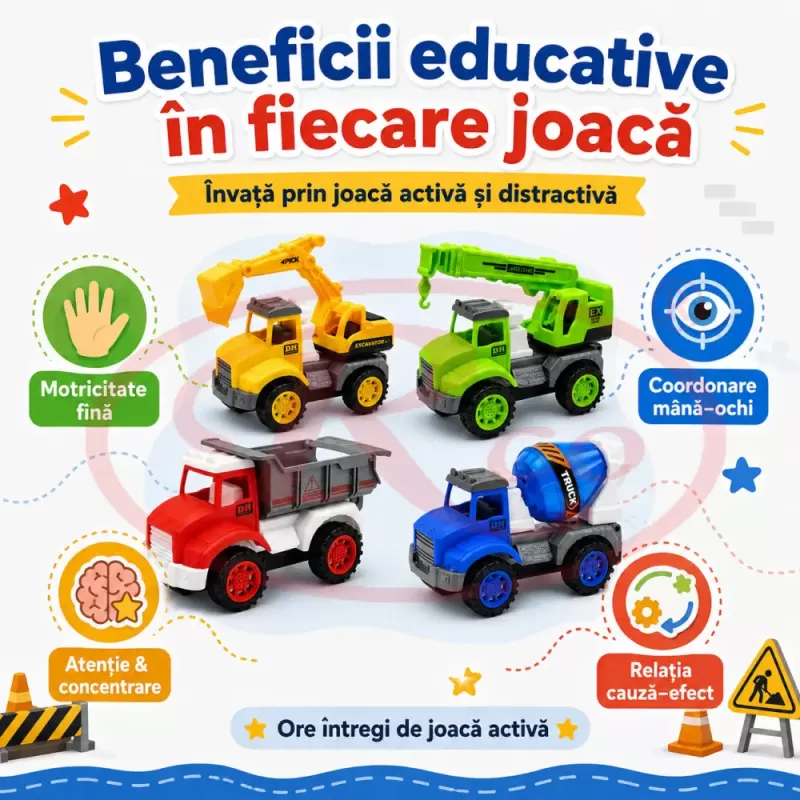 Set 4 Masinute de Constructie RCO pentru Copii, Basculanta, Excavator, Macara si Betoniera, 3+ Ani
