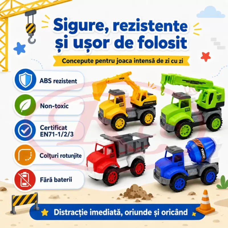 Set 4 Masinute de Constructie RCO pentru Copii, Basculanta, Excavator, Macara si Betoniera, 3+ Ani
