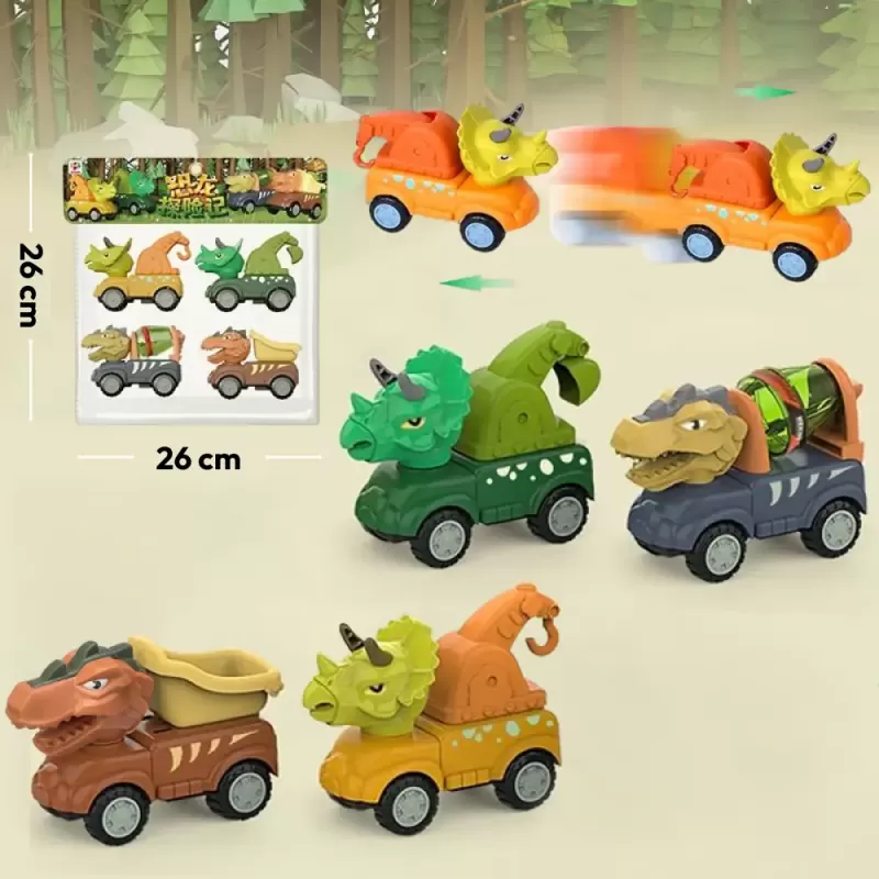 Set 4 Mini Masinute Dinozauri RCO® – Vehicule Pull&Go, joaca creativa si aventuri preistorice