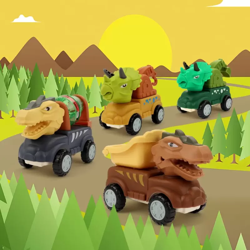 Set 4 Mini Masinute Dinozauri RCO® – Vehicule Pull&Go, joaca creativa si aventuri preistorice