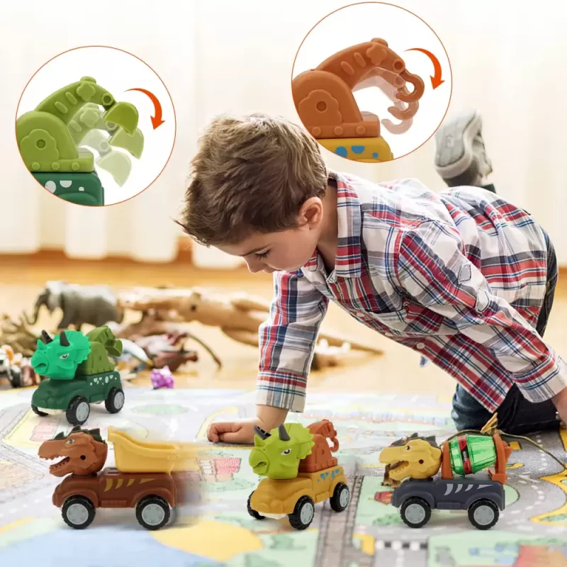 Set 4 Mini Masinute Dinozauri RCO® – Vehicule Pull&Go, joaca creativa si aventuri preistorice