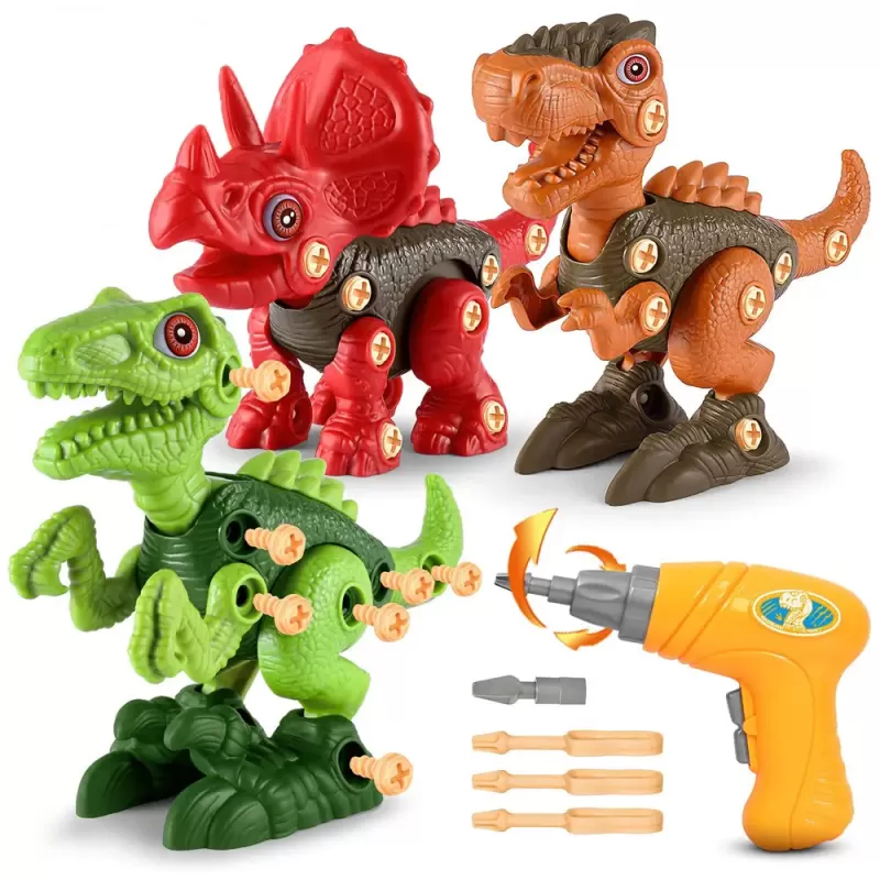 Jucarie educativa si interactiva STEM, set de constructie 3 Dinozauri Velociraptor, Triceraptor, Tyrannosaurus din ABS cu bormasina pentru inginerie, +3,