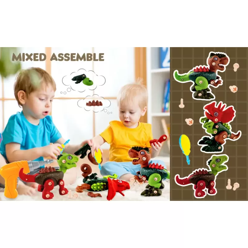 Jucarie educativa si interactiva STEM, set de constructie 3 Dinozauri Velociraptor, Triceraptor, Tyrannosaurus din ABS cu bormasina pentru inginerie, +3,
