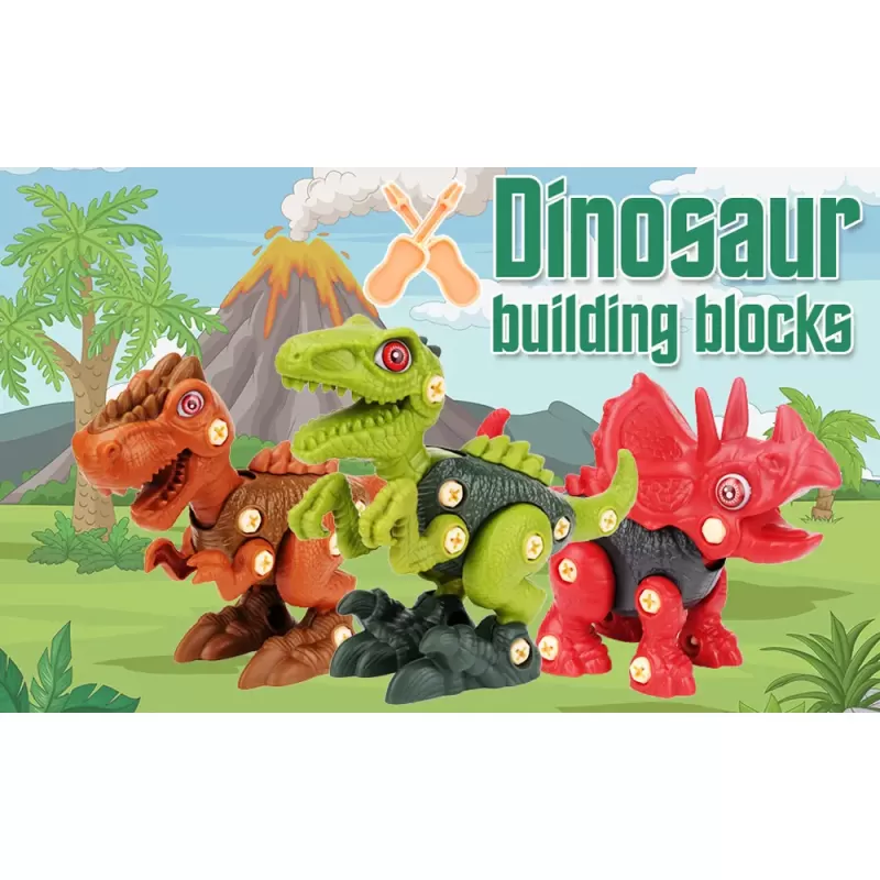 Jucarie educativa si interactiva STEM, set de constructie 3 Dinozauri Velociraptor, Triceraptor, Tyrannosaurus din ABS cu bormasina pentru inginerie, +3,