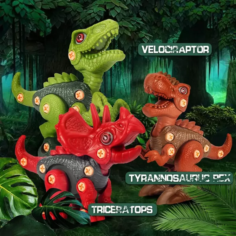 Jucarie educativa si interactiva STEM, set de constructie 3 Dinozauri Velociraptor, Triceraptor, Tyrannosaurus din ABS cu bormasina pentru inginerie, +3,