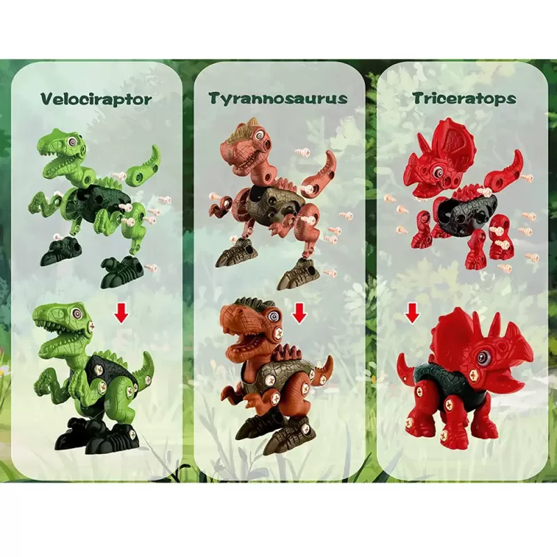 Jucarie educativa si interactiva STEM, set de constructie 3 Dinozauri Velociraptor, Triceraptor, Tyrannosaurus din ABS cu bormasina pentru inginerie, +3,