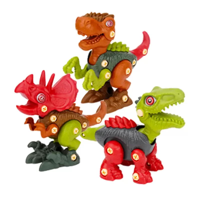Jucarie educativa si interactiva STEM, set de constructie 3 Dinozauri Velociraptor, Triceraptor, Tyrannosaurus din ABS cu bormasina pentru inginerie, +3,