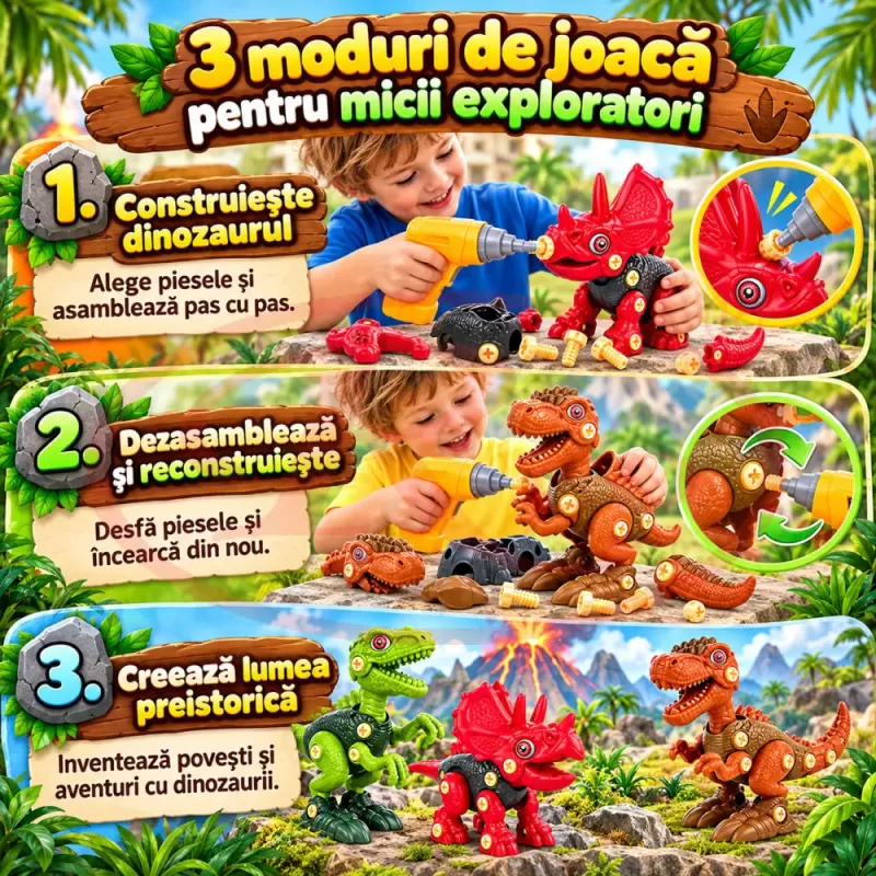 Set RCO cu 3 dinozauri de asamblat, bormasina electrica si surubelnita de jucarie