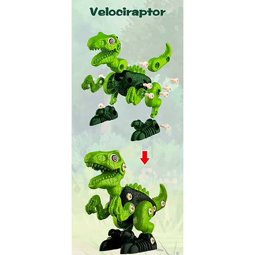Jucarie educativa si interactiva STEM, set de constructie Dinozaur Velociraptor din ABS cu bormasina pentru inginerie, +3