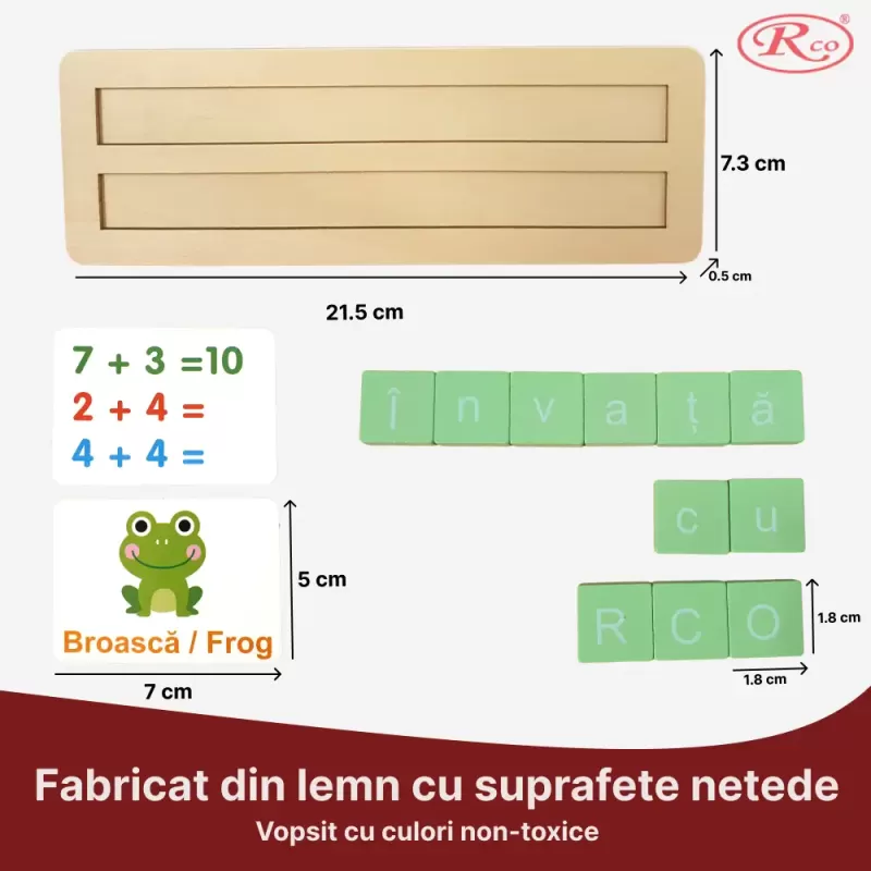 Joc educativ bilingv română /engleză alfanumeric cu 110 placute din lemn si 20 carduri laminate pentru asociere si sortare tip Montessori 3+ ani
