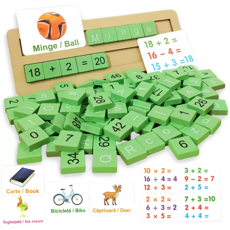 Joc educativ bilingv română /engleză alfanumeric cu 110 placute din lemn si 20 carduri laminate pentru asociere si sortare tip Montessori 3+ ani