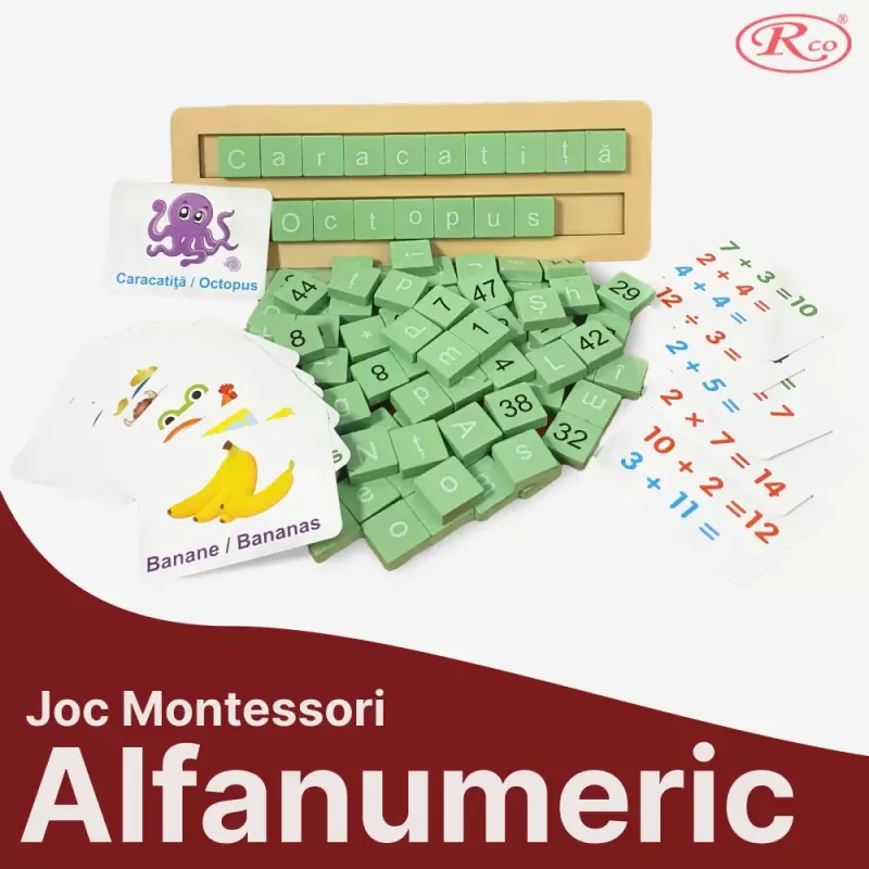 Joc educativ bilingv română /engleză alfanumeric cu 110 placute din lemn si 20 carduri laminate pentru asociere si sortare tip Montessori 3+ ani