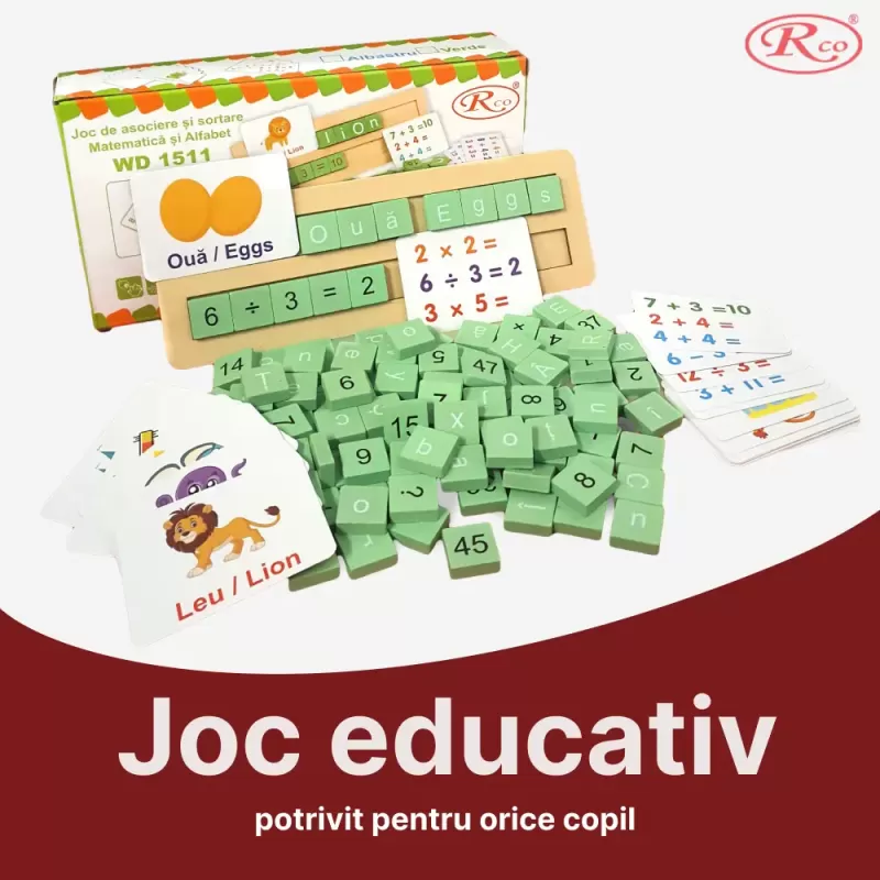 Joc educativ bilingv română /engleză alfanumeric cu 110 placute din lemn si 20 carduri laminate pentru asociere si sortare tip Montessori 3+ ani