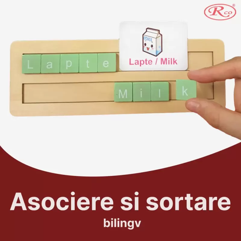 Joc educativ bilingv română /engleză alfanumeric cu 110 placute din lemn si 20 carduri laminate pentru asociere si sortare tip Montessori 3+ ani