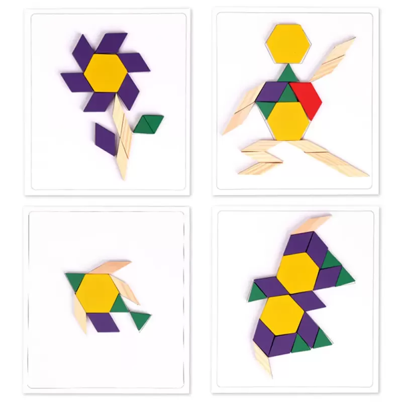 Joc educativ, Tangram cu 125 piese geometrice din lemn si fise de lucru, multicolor, 3 ani+