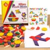 Joc educativ, Tangram cu 125 piese geometrice din lemn si fise de lucru, multicolor, 3 ani+