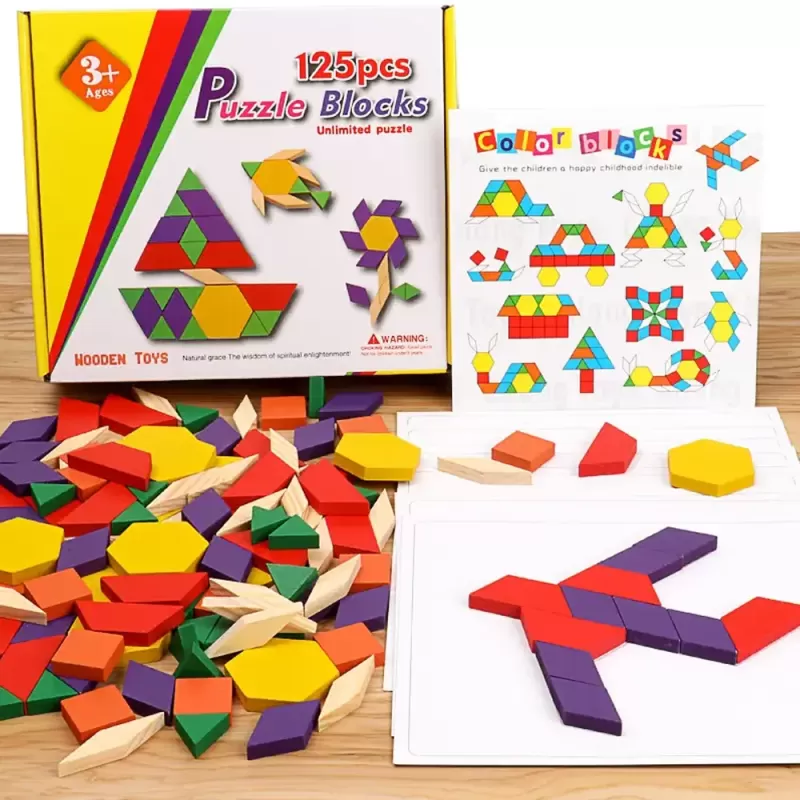 Joc educativ, Tangram cu 125 piese geometrice din lemn si fise de lucru, multicolor, 3 ani+