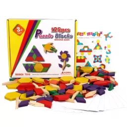 Joc educativ, Tangram cu 125 piese geometrice din lemn si fise de lucru, multicolor, 3 ani+