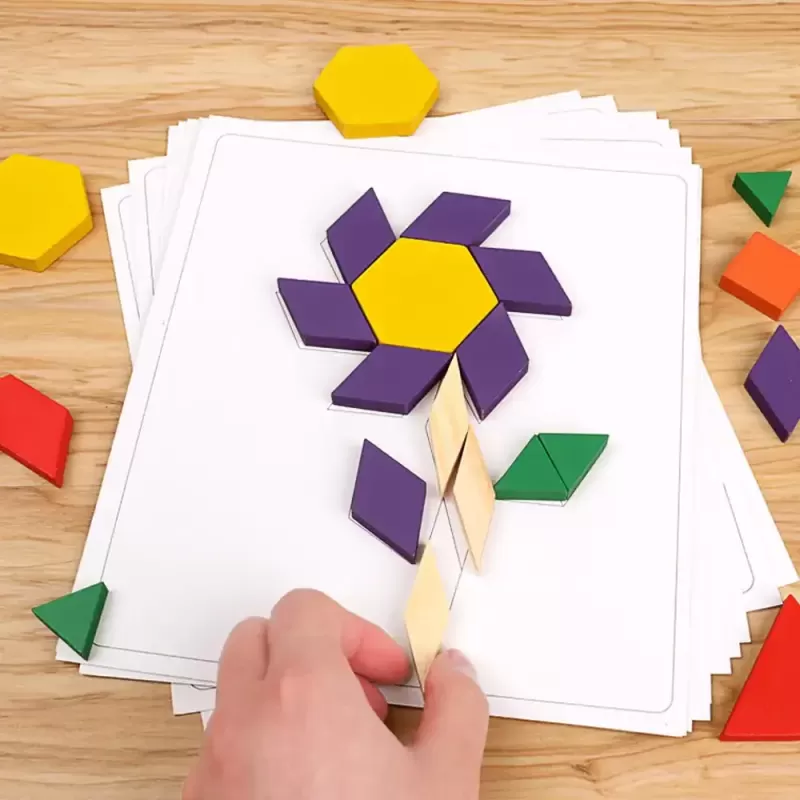 Joc educativ, Tangram cu 125 piese geometrice din lemn si fise de lucru, multicolor, 3 ani+