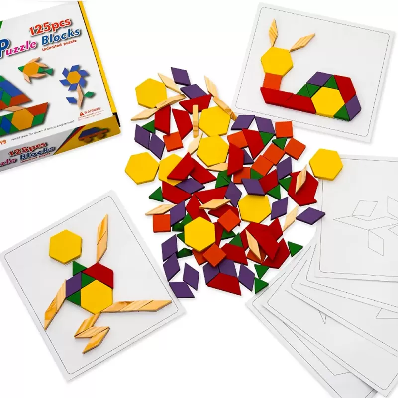 Joc educativ, Tangram cu 125 piese geometrice din lemn si fise de lucru, multicolor, 3 ani+