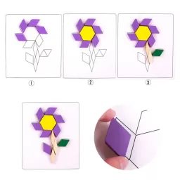 Joc educativ, Tangram cu 125 piese geometrice din lemn si fise de lucru, multicolor, 3 ani+