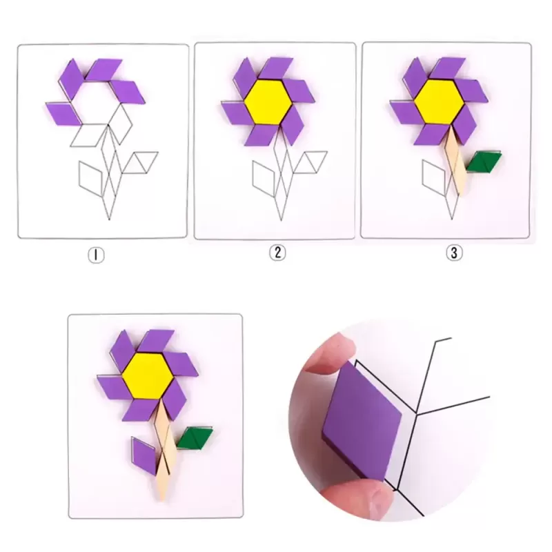 Joc educativ, Tangram cu 125 piese geometrice din lemn si fise de lucru, multicolor, 3 ani+