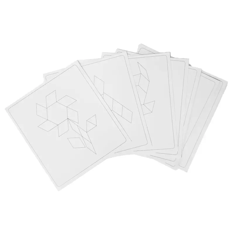 Joc educativ, Tangram cu 250 piese geometrice din lemn si fise de lucru, multicolor, 3 ani+