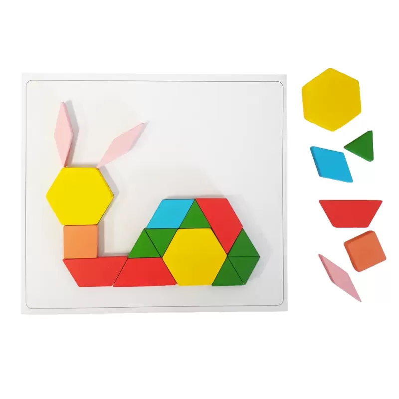 Joc educativ, Tangram cu 250 piese geometrice din lemn si fise de lucru, multicolor, 3 ani+