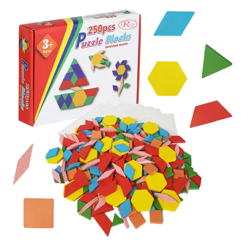Joc educativ, Tangram cu 250 piese geometrice din lemn si fise de lucru, multicolor, 3 ani+