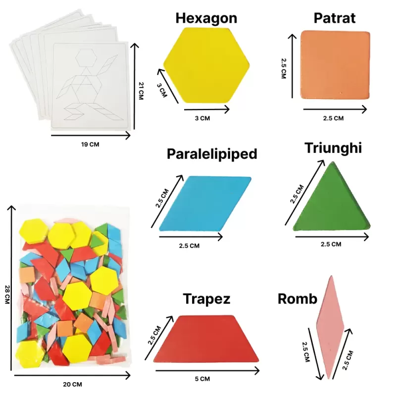 Joc educativ, Tangram cu 250 piese geometrice din lemn si fise de lucru, multicolor, 3 ani+
