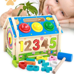 Casuta de jucarie din lemn cu 5 tipuri de activitati educative, multifunctionala, 19 x 14 x 15 cm