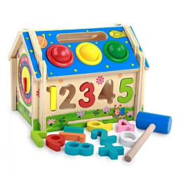 Casuta de jucarie din lemn cu 5 tipuri de activitati educative, multifunctionala, 19 x 14 x 15 cm