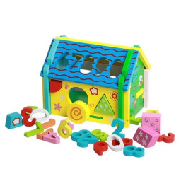 Casuta de jucarie din lemn cu 5 tipuri de activitati educative, multifunctionala, 16 x 13.5 x 19.5 cm