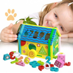 Casuta de jucarie din lemn cu 5 tipuri de activitati educative, multifunctionala, 16 x 13.5 x 19.5 cm