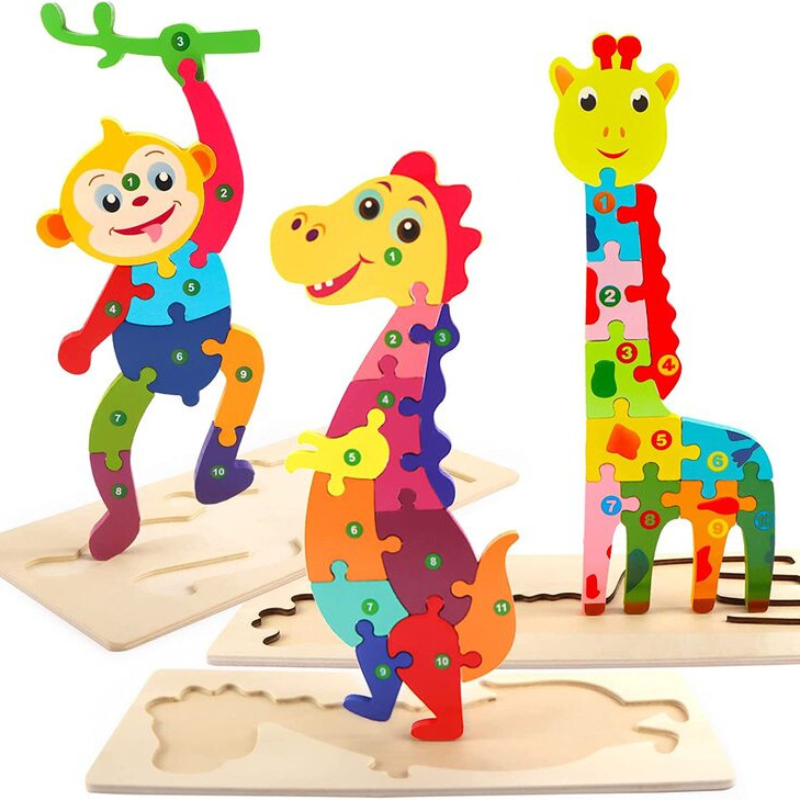 Jucarie educativa, puzzle 3D din lemn incastru, Dinozaur cu cifre, 11 piese