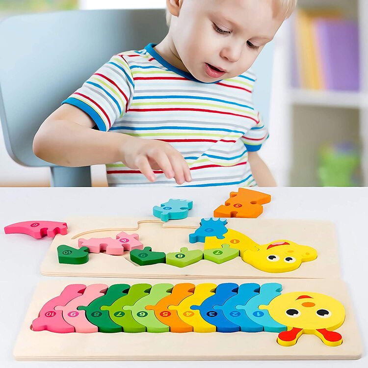 Jucarie educativa, puzzle 3D din lemn incastru, Omida cu cifre, 11 piese