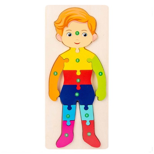 Jucarie educativa, puzzle 3D din lemn incastru, Baietel cu cifre,10 piese