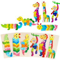 Jucarie educativa, puzzle 3D din lemn incastru, Dinozaur cu cifre, 11 piese