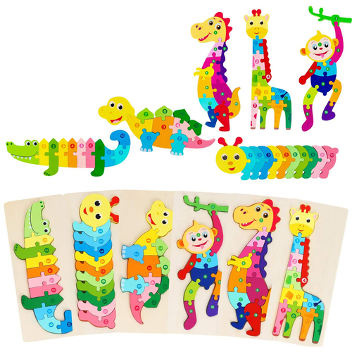 Jucarie educativa, puzzle 3D din lemn incastru, Dinozaur cu cifre, 11 piese