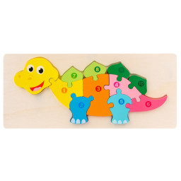 Jucarie educativa, puzzle 3D din lemn incastru, Dinozaur cu cifre, 11 piese