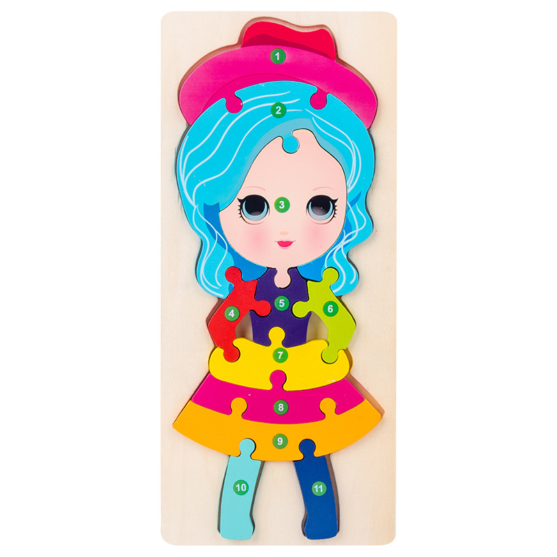 Jucarie educativa, puzzle 3D din lemn incastru, Fetita cu cifre,11 piese