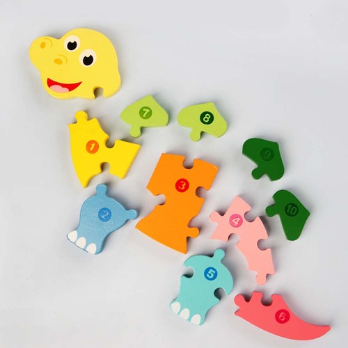Jucarie educativa, puzzle 3D din lemn incastru, Dinozaur cu cifre, 11 piese